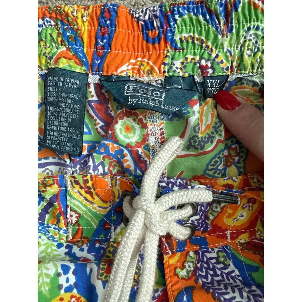 Polo Ralph Lauren Vintage Tag Orange Green Paisley Lace Up Swim Trunks Size XXL - Picture 5 of 7